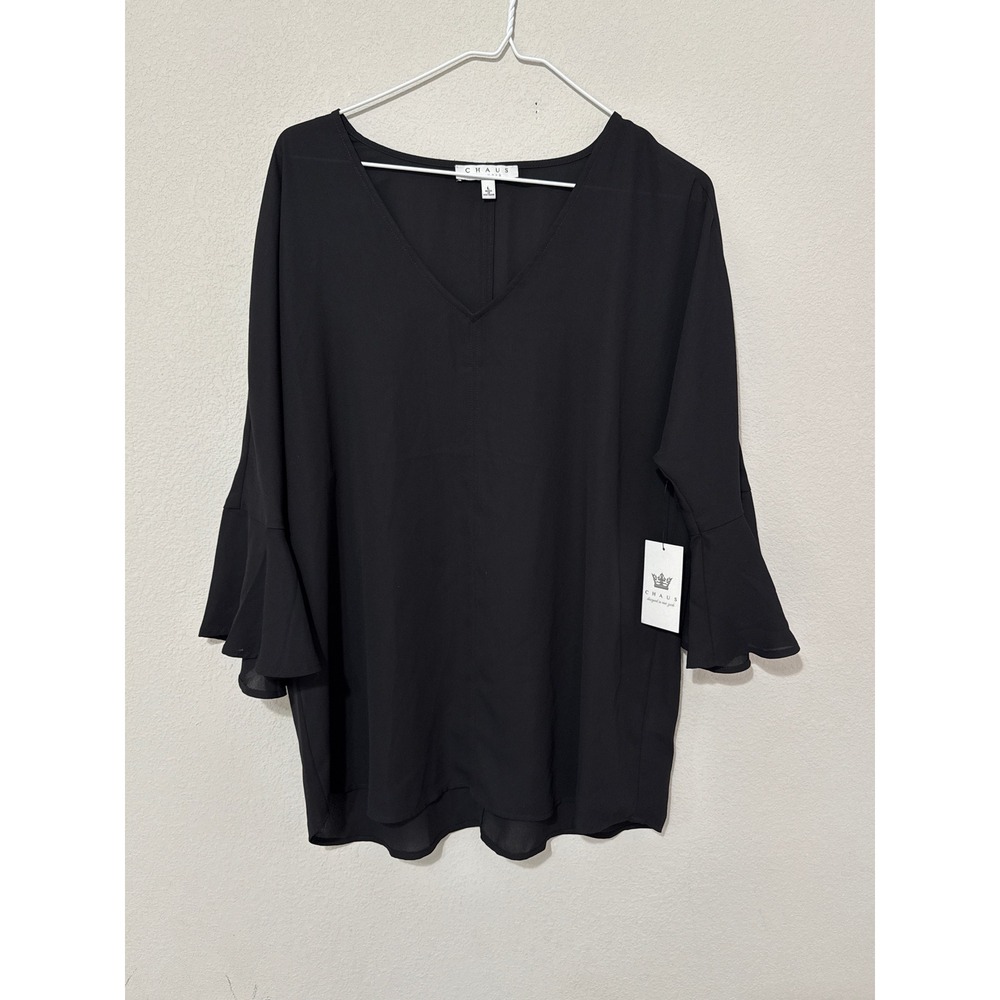 NWT Chaus Black Sheer Blouse Ruffle Sleeve Women's Large Minimalist Contemporary